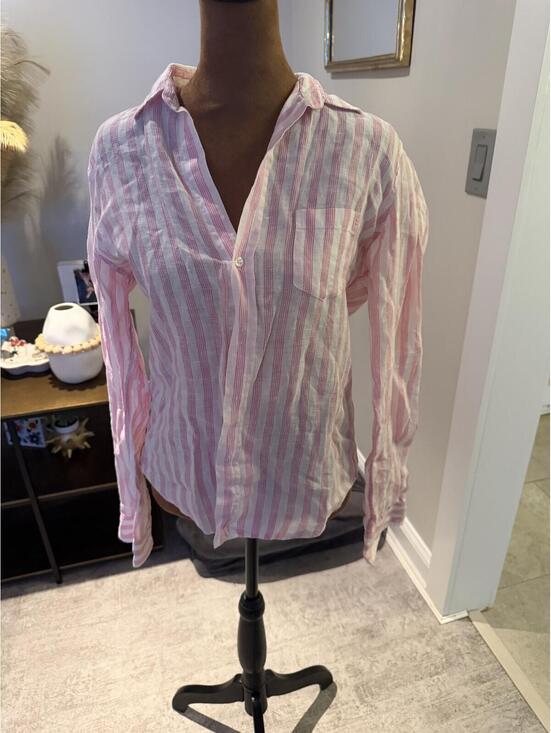 Frank & Eileen Tops - Frank & Eileen Barry Linen Pink and White Striped Button-Up summer spring S